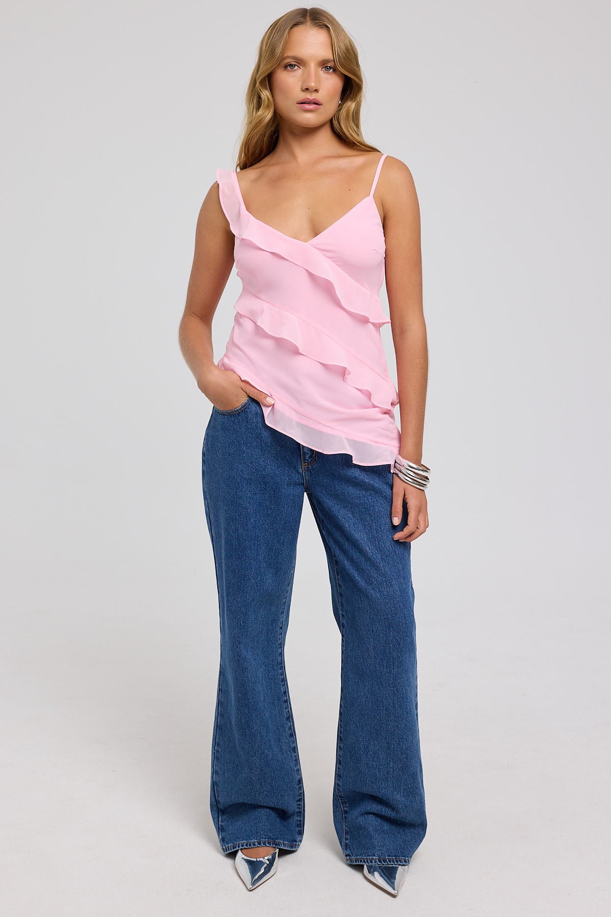 Luck & Trouble Remy Asymmetrical Ruffle Top Pink