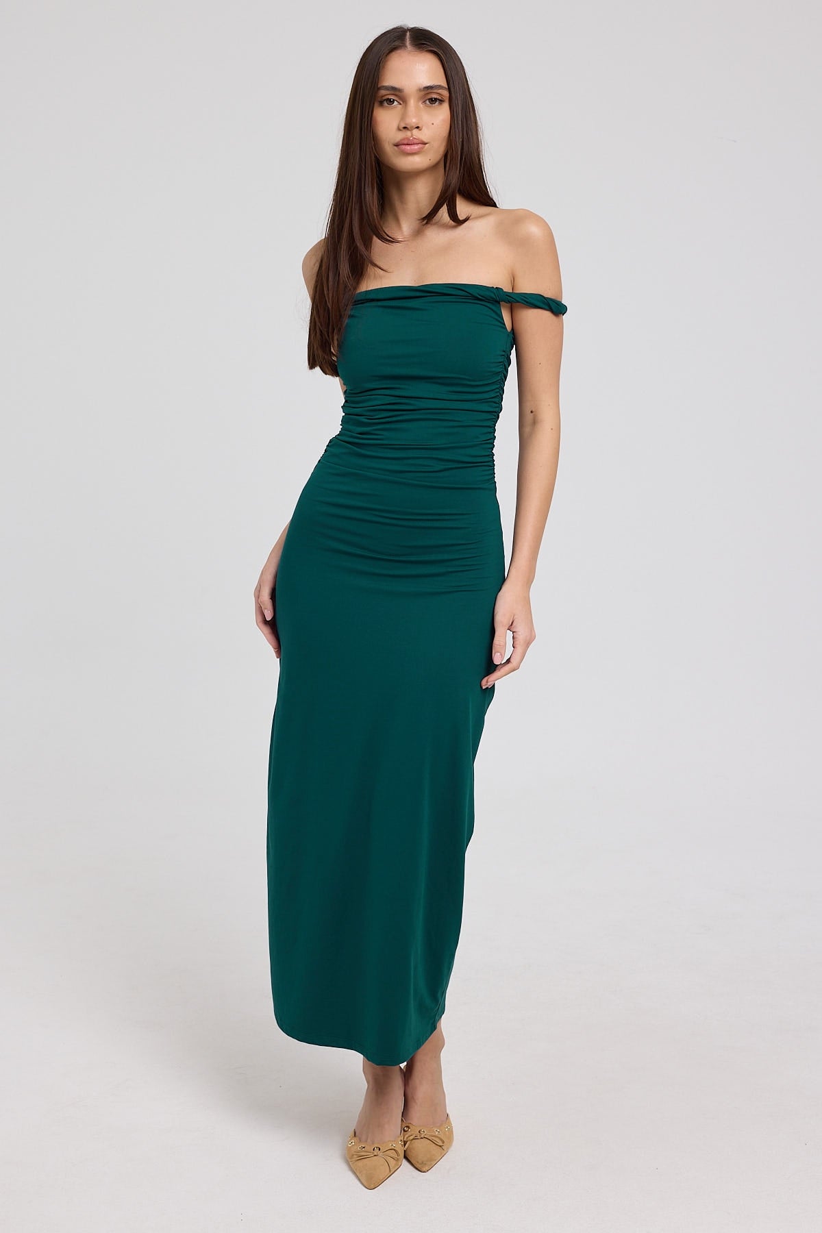 Luck & Trouble Sabine Twist Off Shoulder Jersey Midi Dress Forest Green