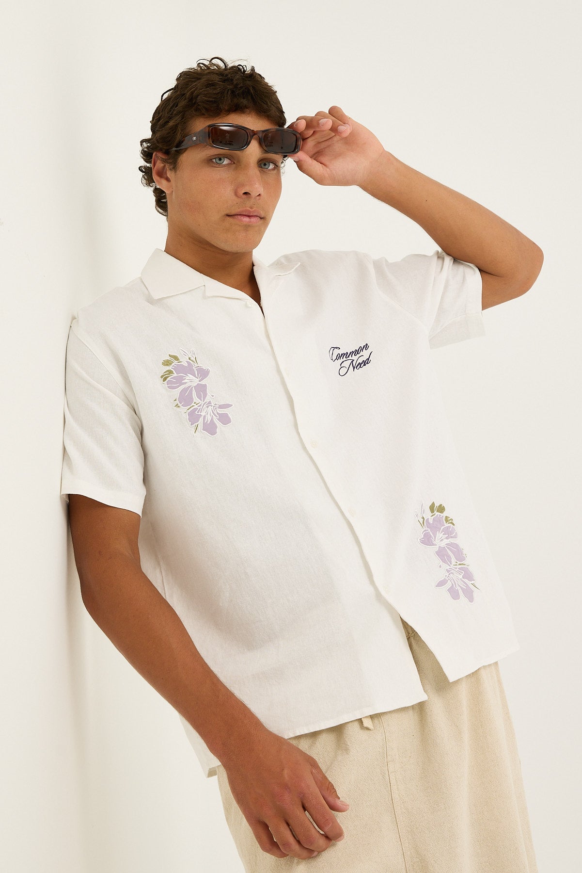 Common Need Magnolia Embroidered Linen Resort Shirt White