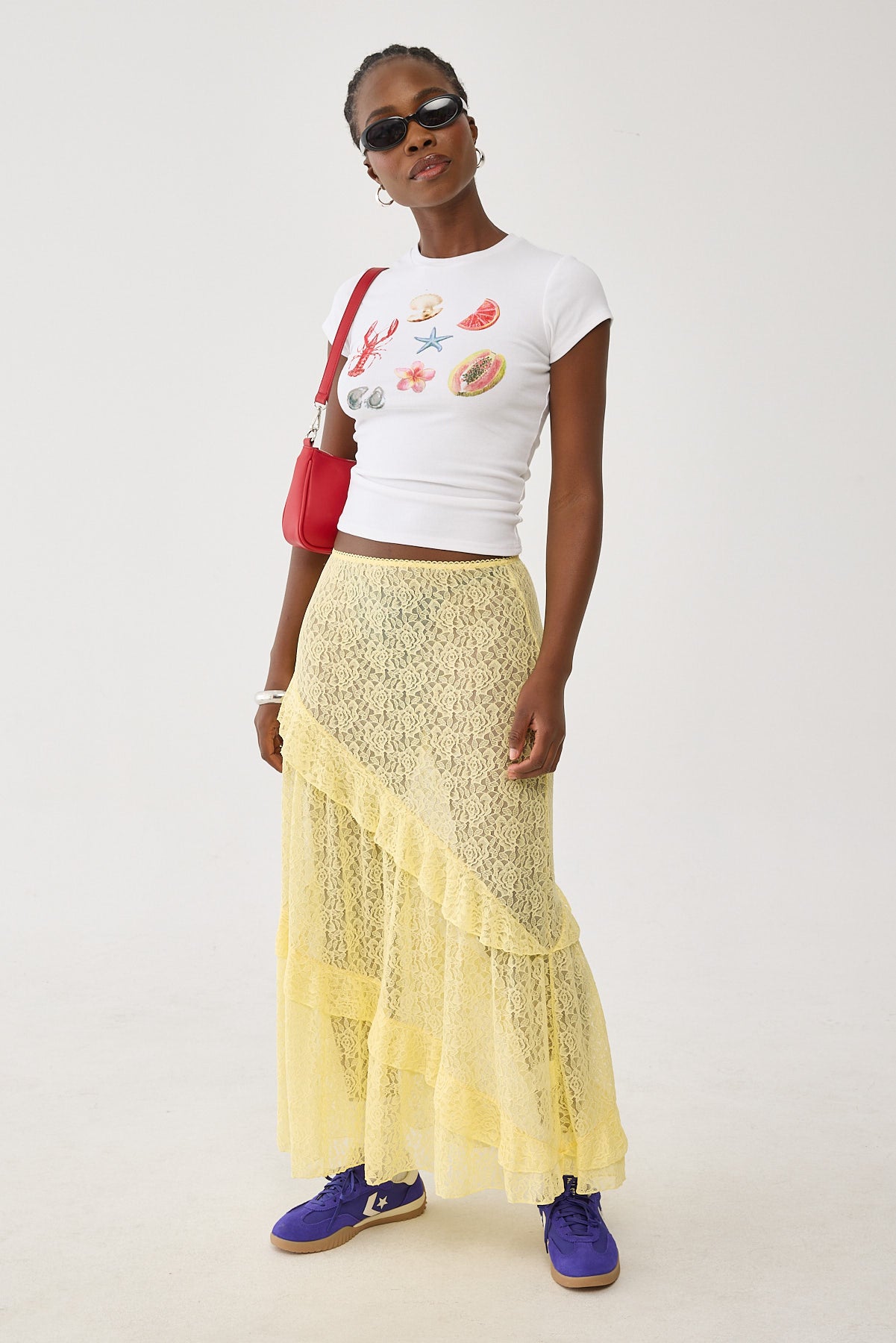 Luck & Trouble Sheer Lace Midi Skirt Yellow