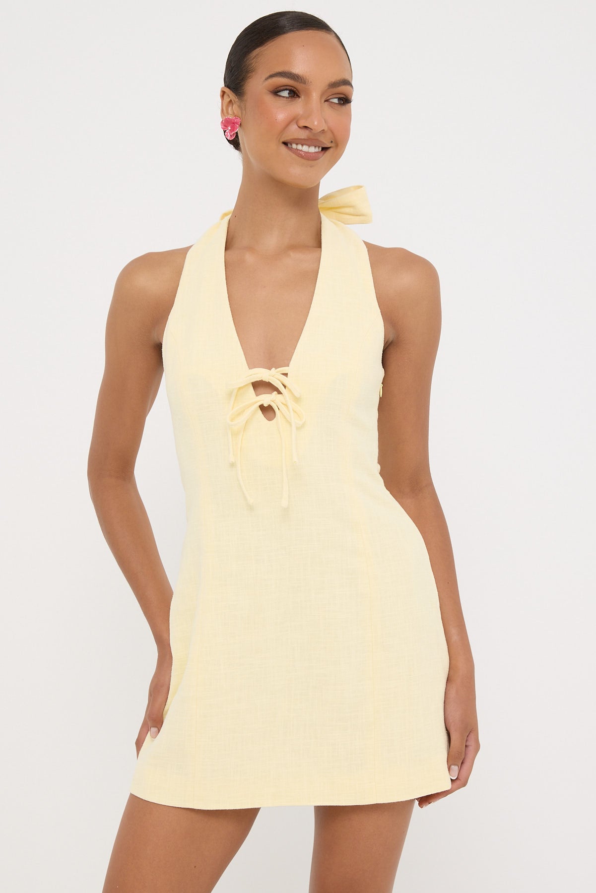 Perfect Stranger Menorca Halter Mini Dress Lemon