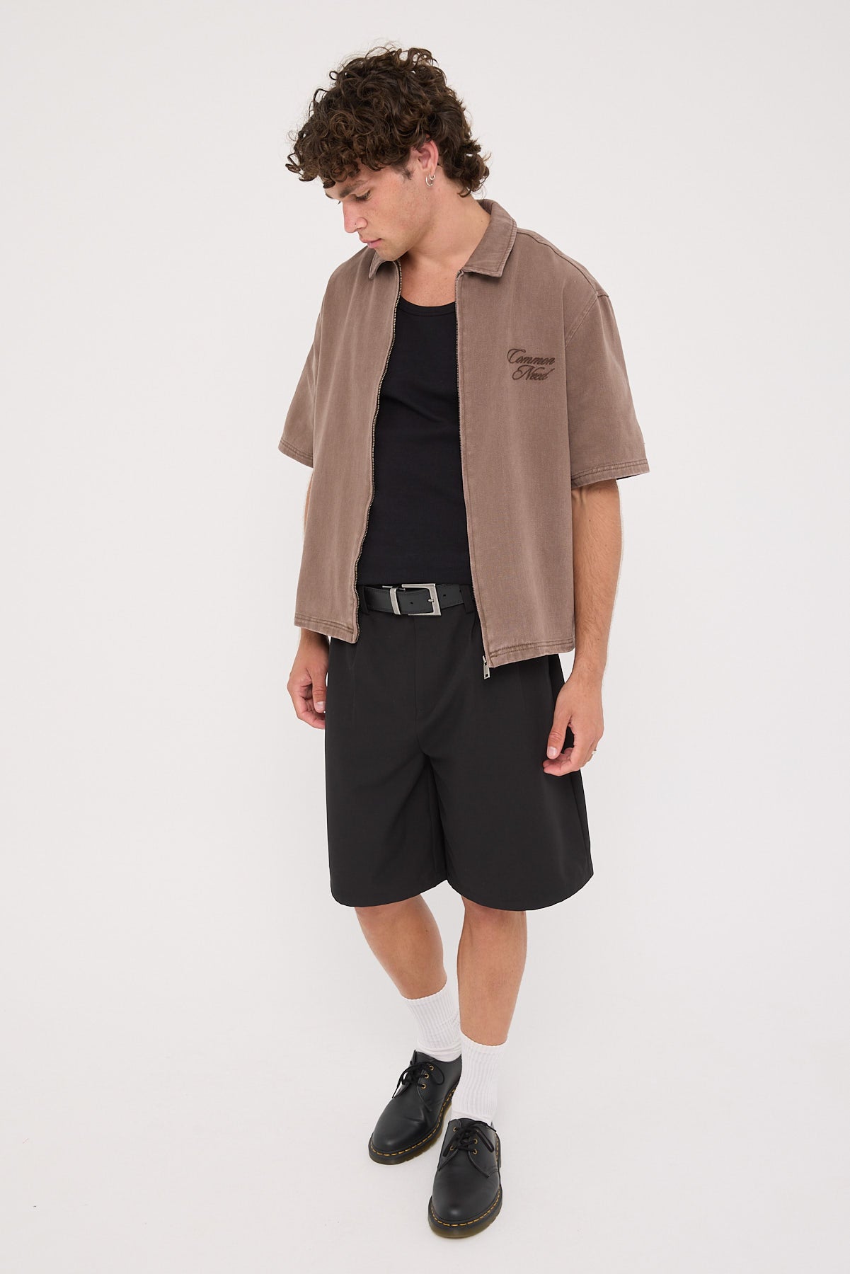 Common Need Dustin Zip Standard Boxy Shirt Washed Brown