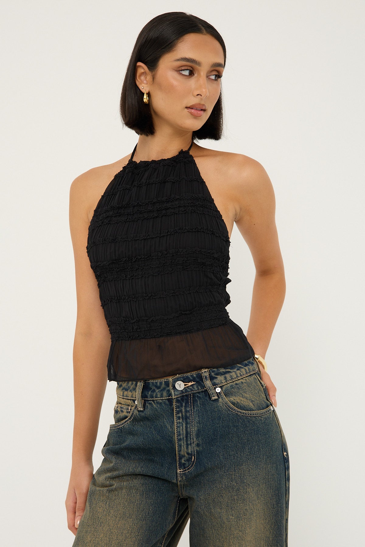 Luck & Trouble Marisole Halter Gathered Tie Top Black