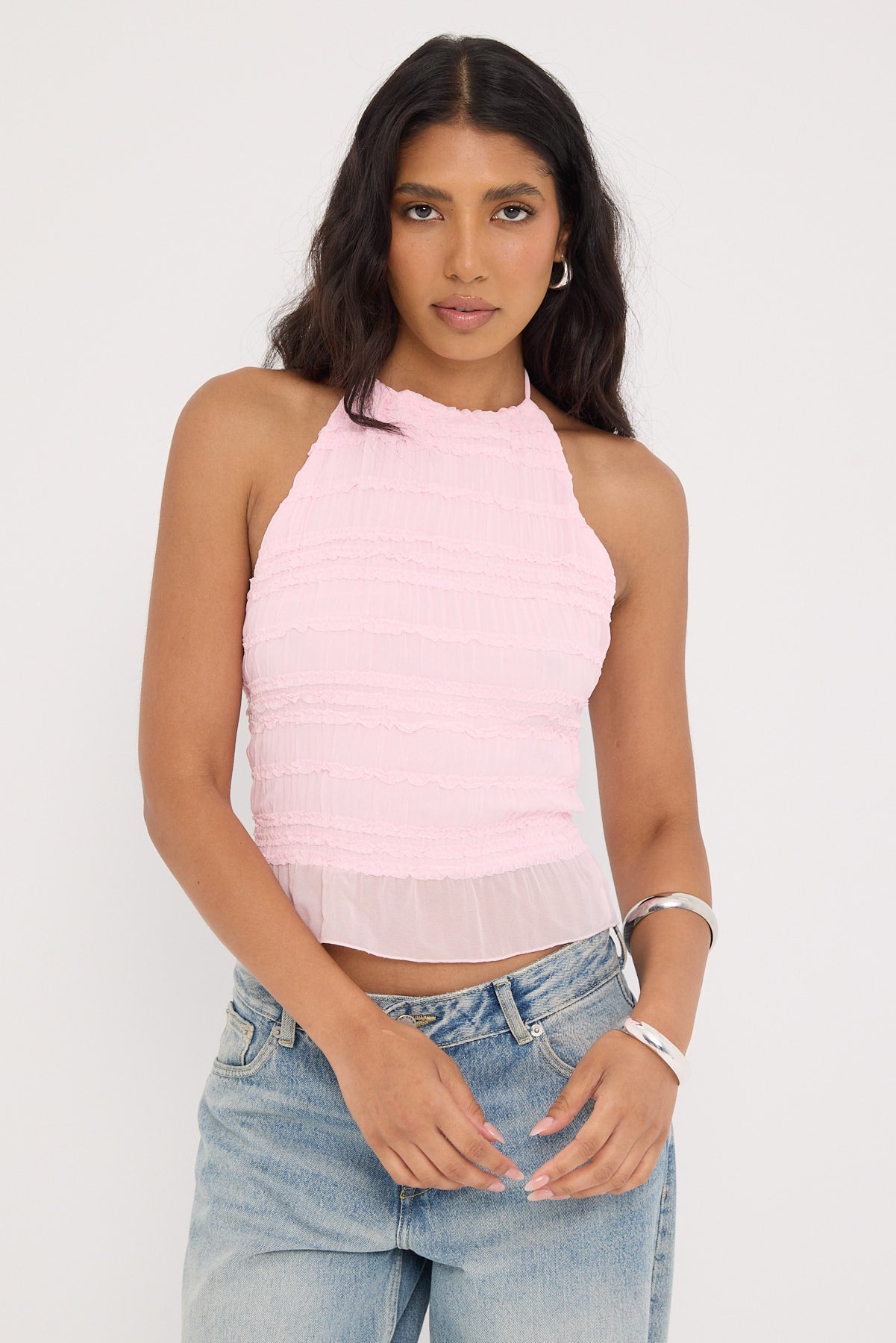 Luck & Trouble Marisole Halter Gathered Tie Top Pink