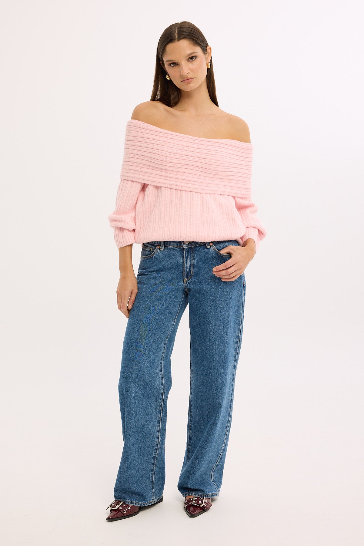 Perfect Stranger Alegra Off Shoulder Knit Jumper Pink