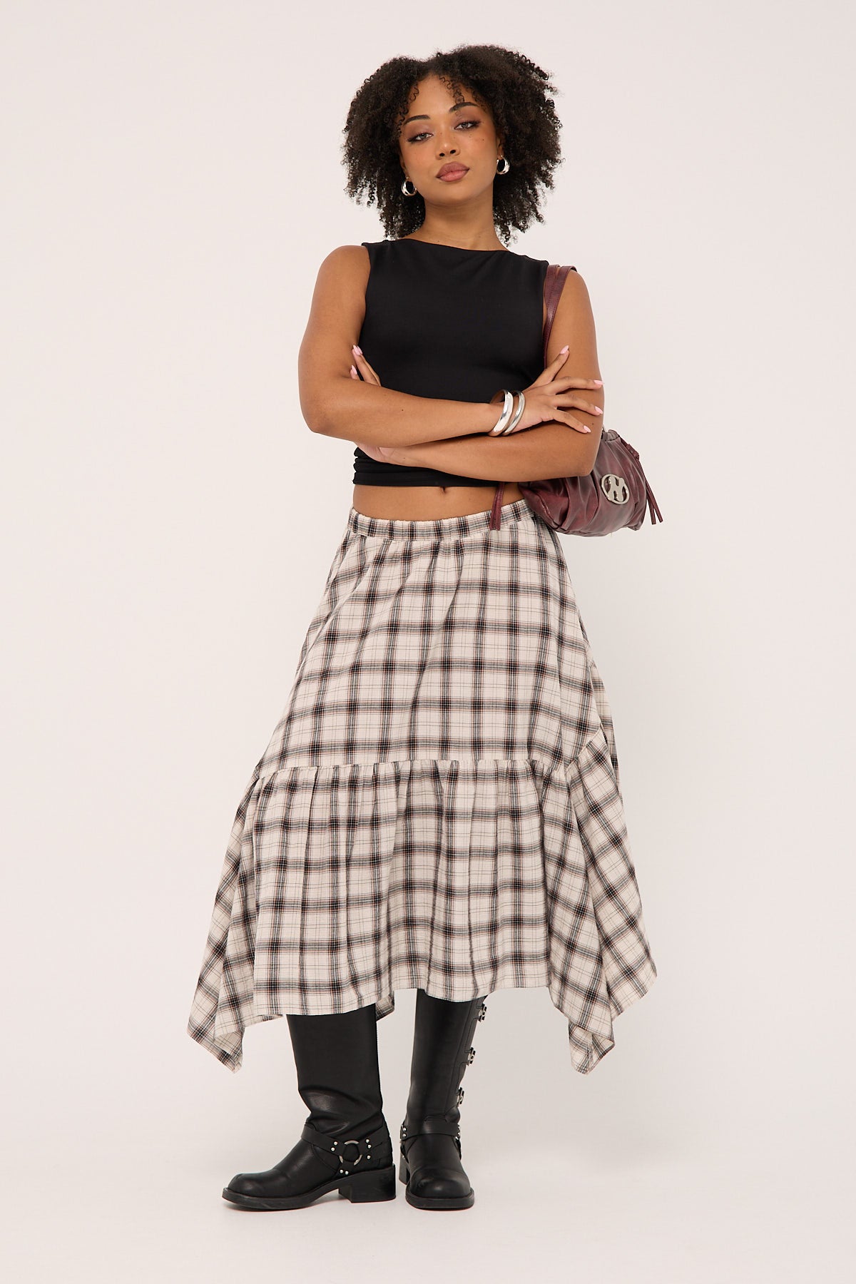 Luck & Trouble Vintage Check Midi Skirt Check Print